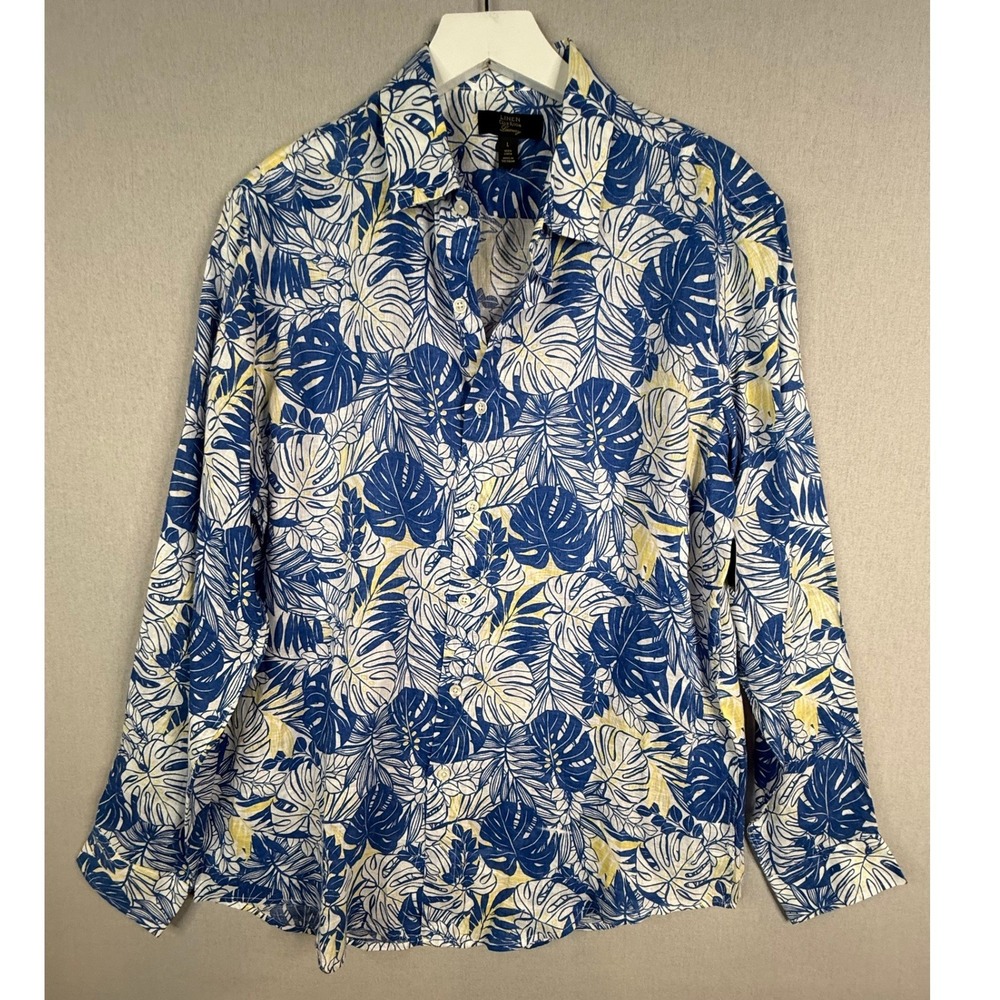 Club Room Luxury Linen Shirt Womens L Blue Tropical Leaf‎ Long Sleeve NEW